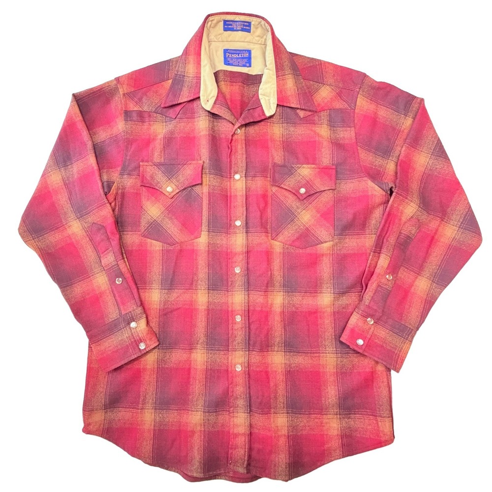Vintage Pendleton High Grade Western Wear Mens M Red Plaid Wool Pearl Snap Shirt